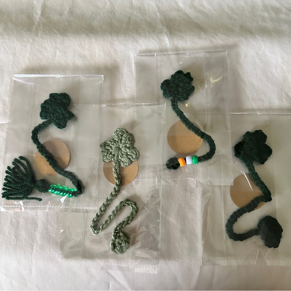 Shamrock Bookmarks-Hand crocheted. Includes all 4! Two plain & 2 with beads.